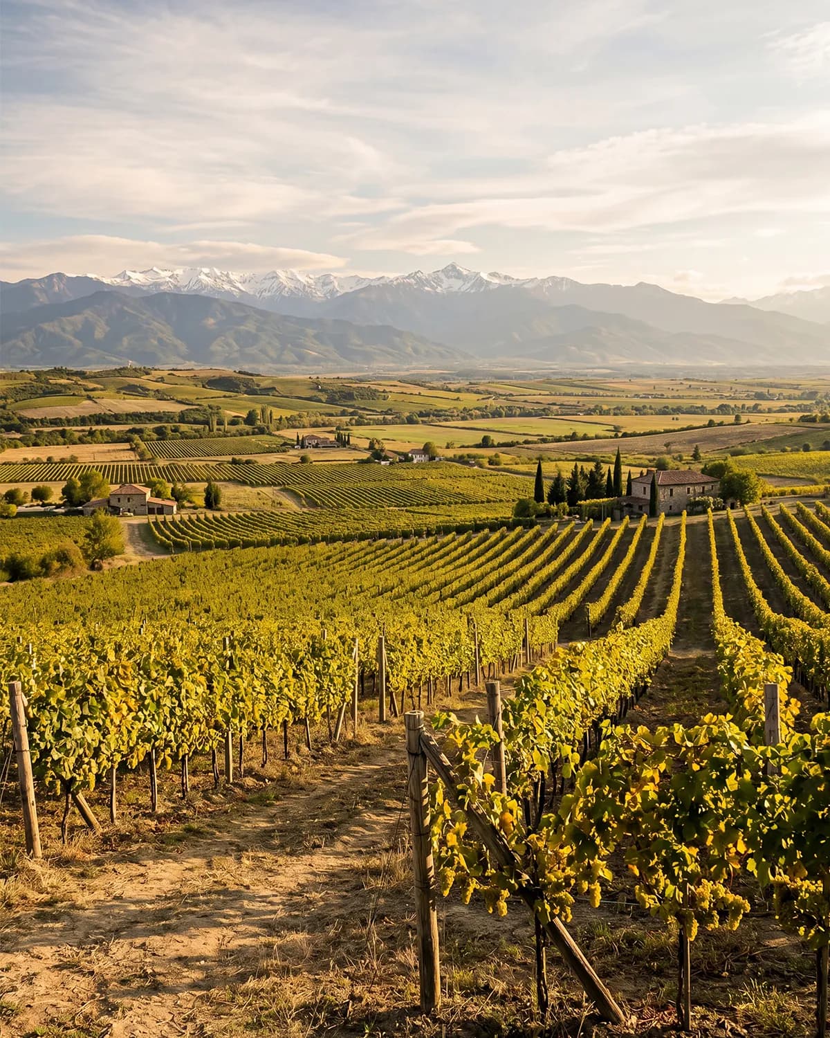 Green vineyard rows in a Georgian wine region