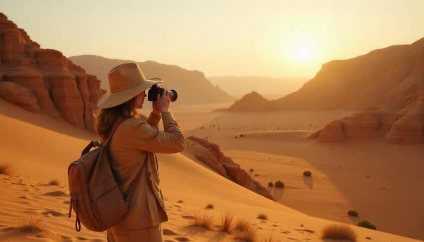 A photographer with a backpack stands on a sand dune capturing the sunset over a vast desert canyon landscape.