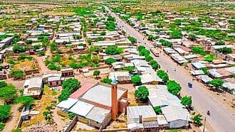 Aerial view of the dusty Gewanē settlement in the Afar Region, showing scattered buildings, green trees, and a central road.