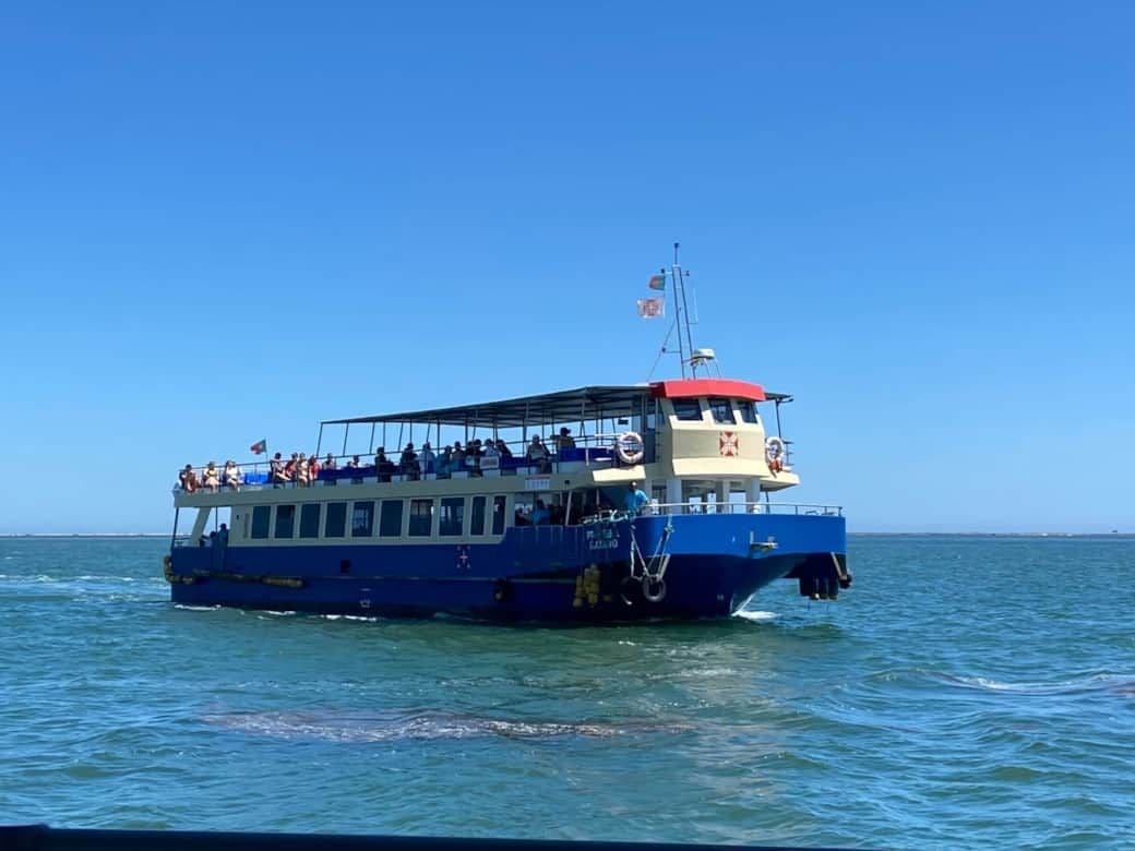 Blue and white public ferry boat carrying passengers on open turquoise water.