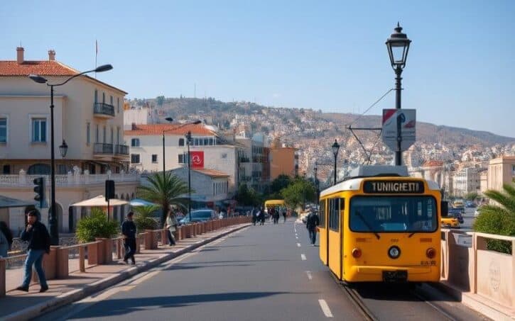 A yellow tram labeled TUNISGHETT travels along a sunny urban street with pedestrians and buildings, set against a backdrop of a hillside city.