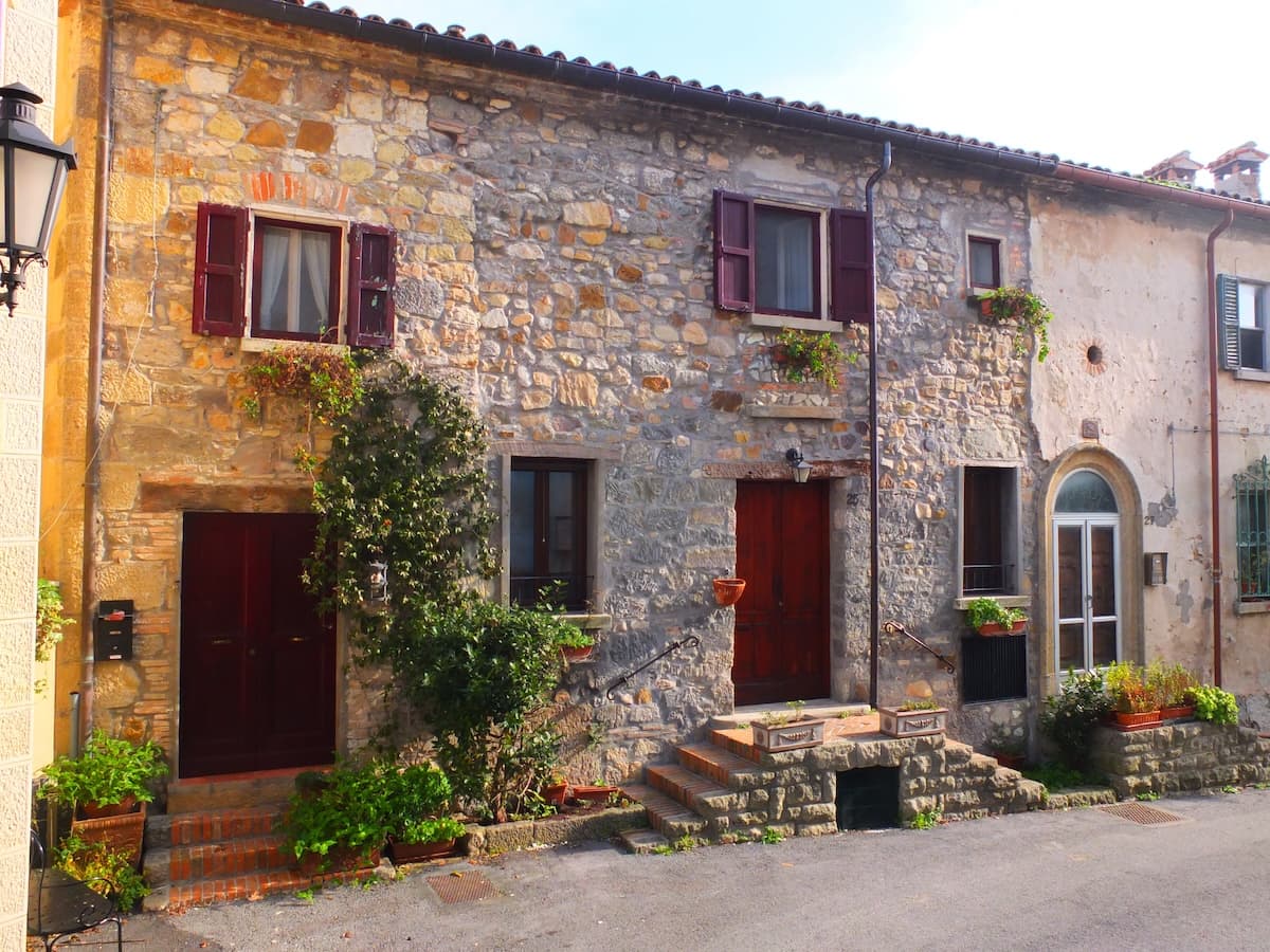 Panoramic view of Montegiardino village with stone houses at the foot of Mount Titano