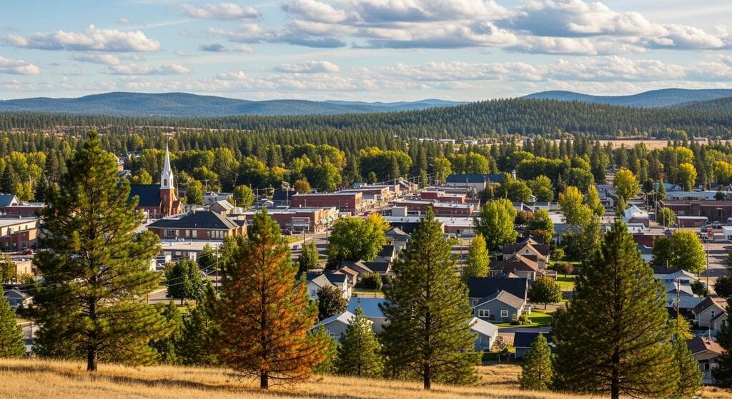 A scenic high-angle view of Chewelah, Washington, featuring a town center with a white steeple, surrounded by pine trees and distant forested hills under a blue sky.