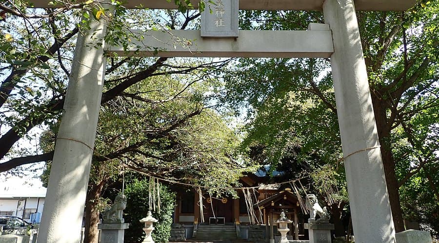 A low-angle view of a white stone torii gate at Hokusei Shrine, framing the main hall, komainu statues, and lush green trees.