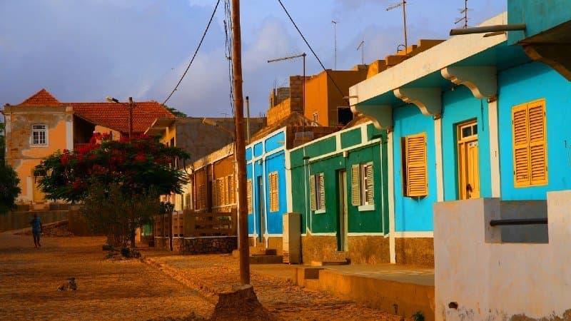 Panoramic view of Fort Sao Jose and historic buildings in Vila do Maio, Cape Verde, showcasing old Portuguese architecture