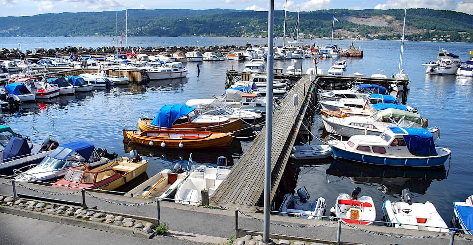 A bustling marina filled with docked boats and yachts, set against a backdrop of water and forested hills in Drøbak.