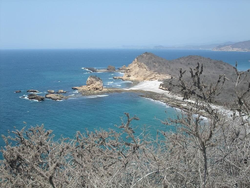 Machalilla National Park coastal landscape near Pedernales, Ecuador, showing dry scrubland, rocky shoreline, turquoise water, and distant hills.