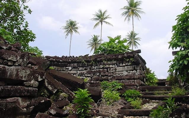 Exterior view of the historic Nan Madol stone ruins on artificial islands in Pohnpei, Micronesia