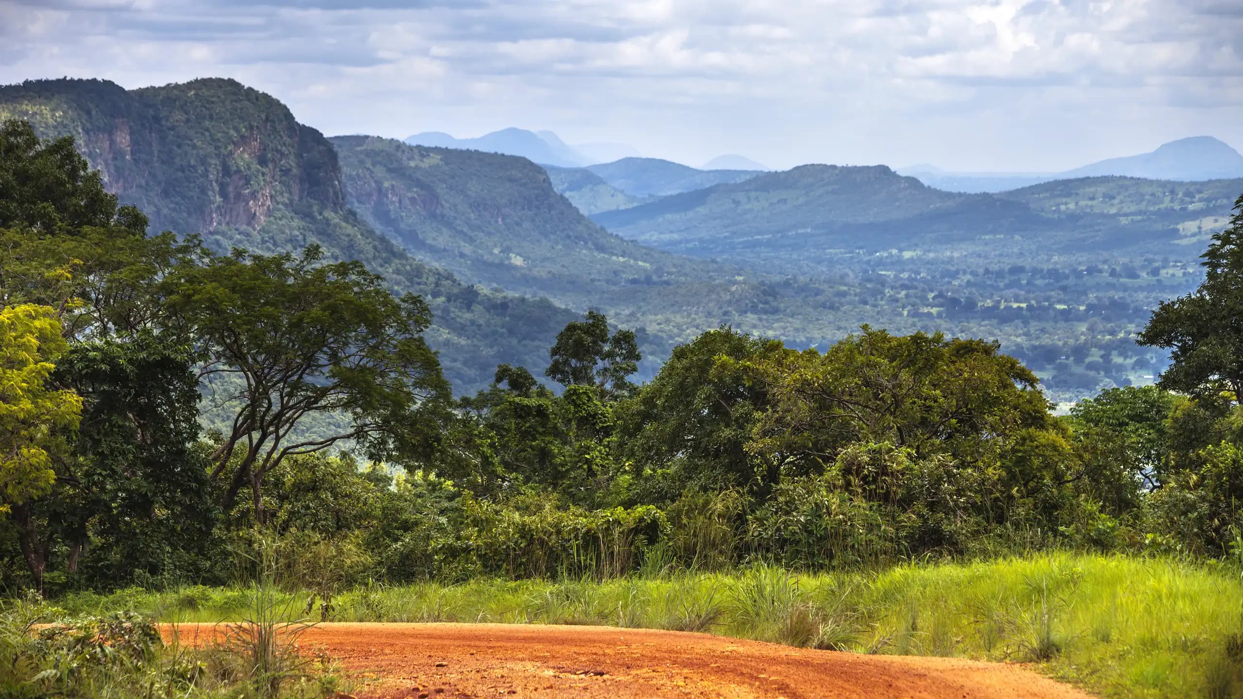 Winding red laterite road curving through lush green vegetation in West Africa