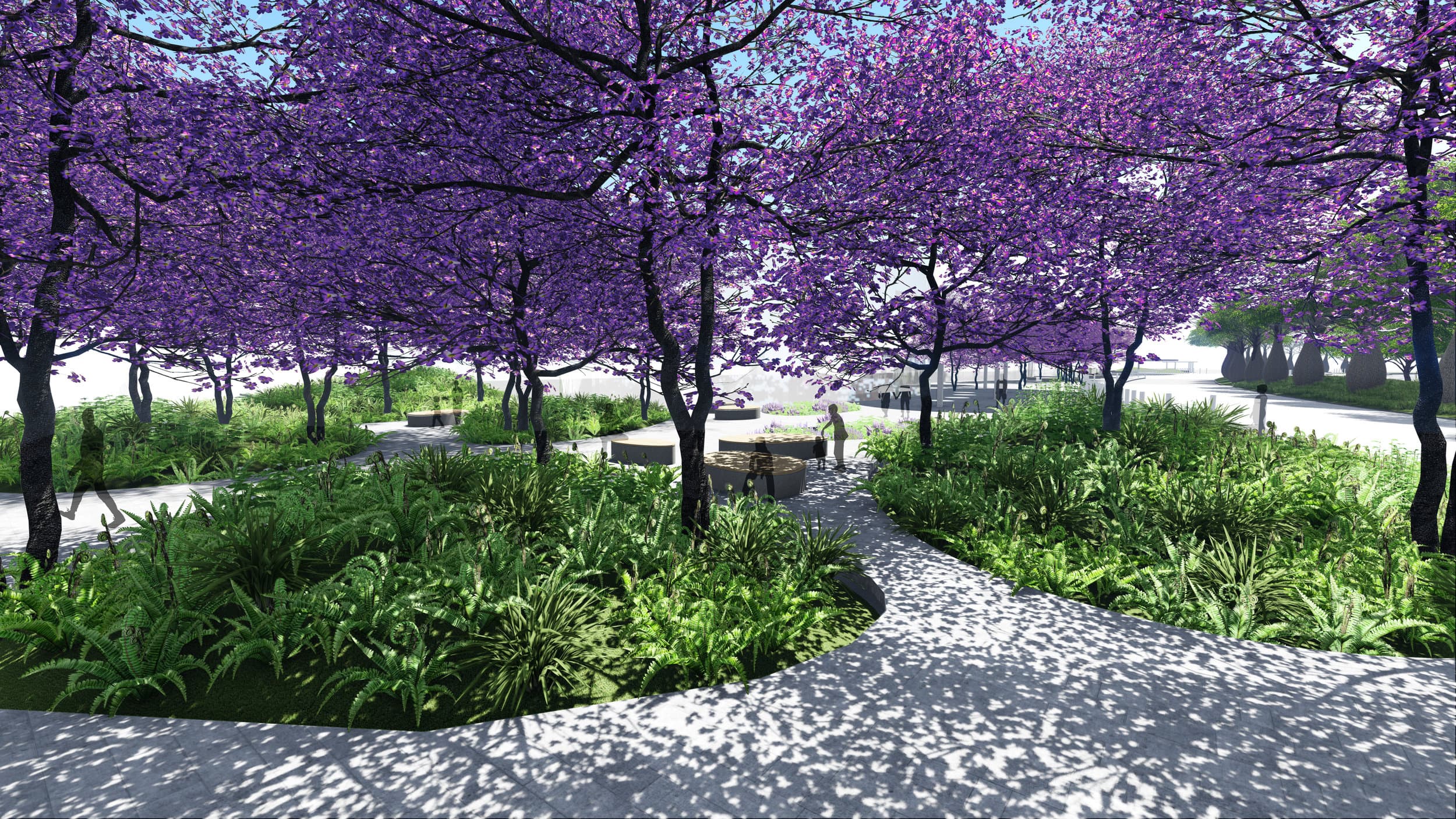 Lush green park pathways with flowering trees in the Bosque Municipal, San Miguel de Tucumán