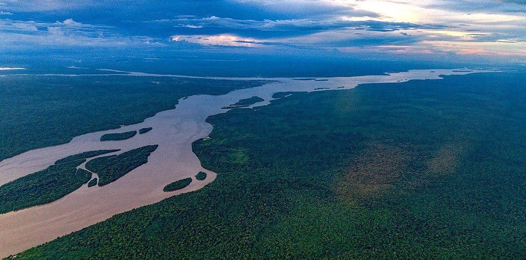 Aerial view of a wide, muddy river winding through dense green forest under a dramatic, cloudy sky.