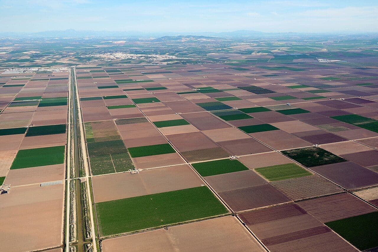 Aerial view of a vast flat agricultural plain with a patchwork of green and brown fields, a central canal, and distant hills typical of the Kuban Plain around C