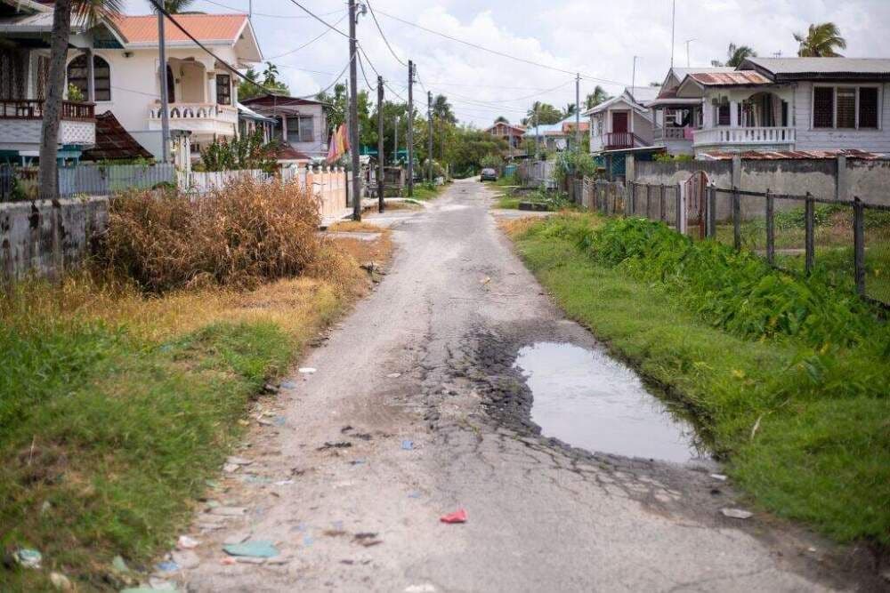 A cracked, unpaved village road with a large puddle runs between modest houses and fences under a cloudy sky.