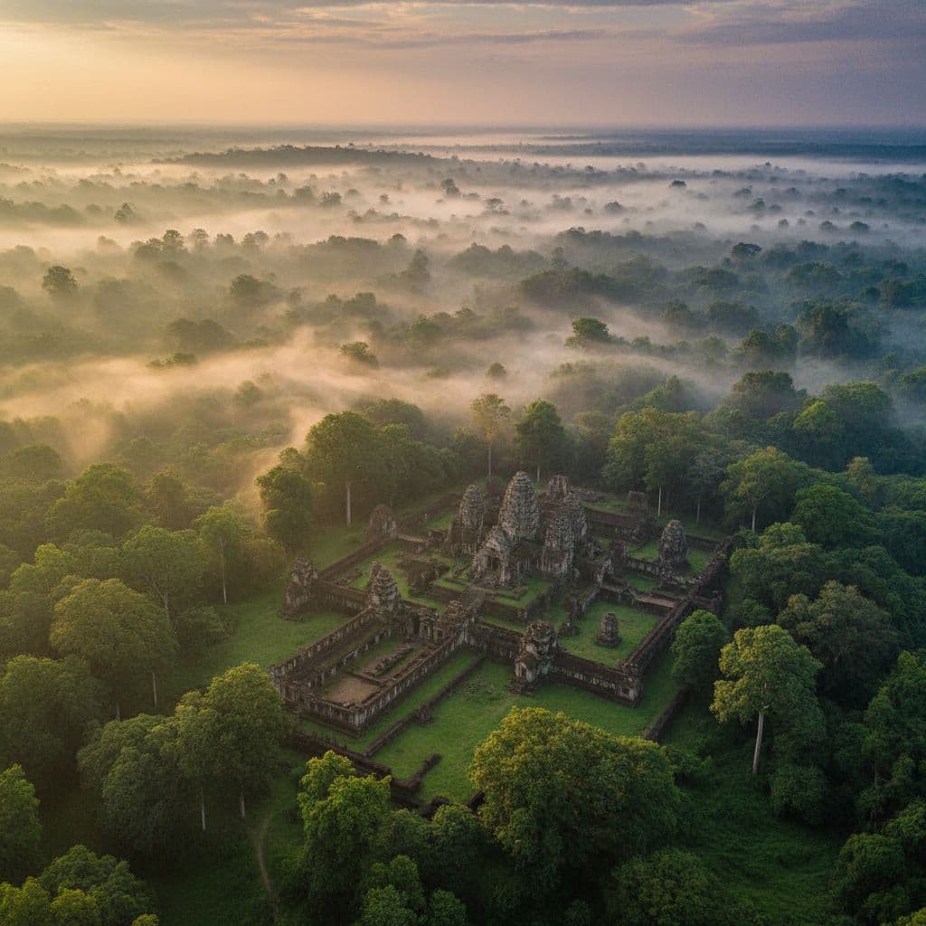 Aerial view of a stone temple complex surrounded by lush green trees, with low-lying mist covering the distant forest at sunrise.