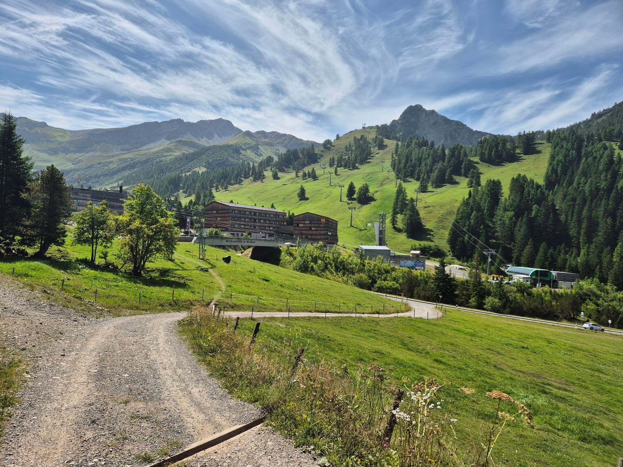 Dirt hiking path through green alpine meadows and trees in Triesenberg, Liechtenstein