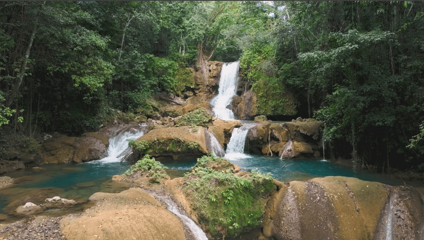 Natural limestone pools at Blue Hole, Ocho Rios, Jamaica, with lush rainforest surroundings