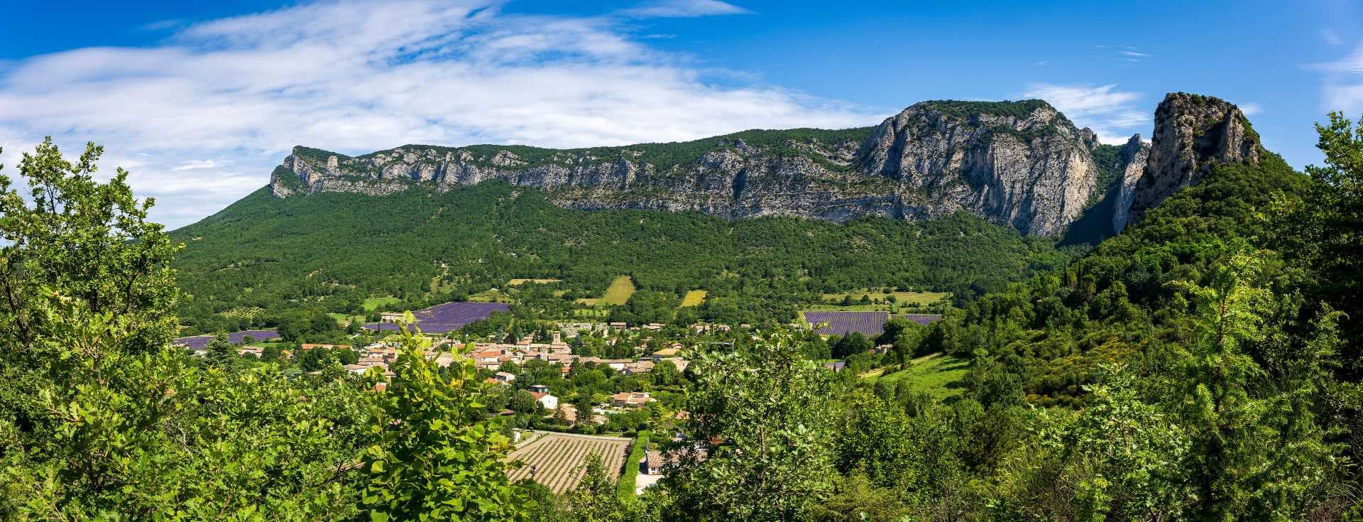 Panoramic view of a green valley with a village, lavender fields, and steep limestone cliffs under a blue sky.