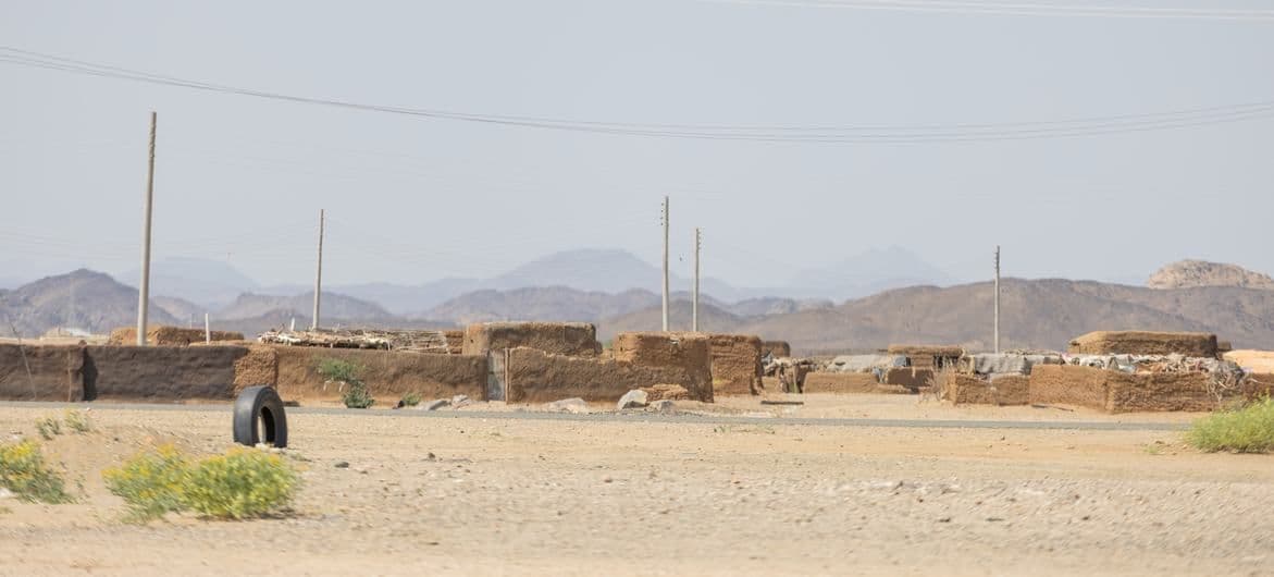 Wide desert landscape with mud-brick structures, utility poles, distant mountains, and sparse vegetation under a hazy sky.