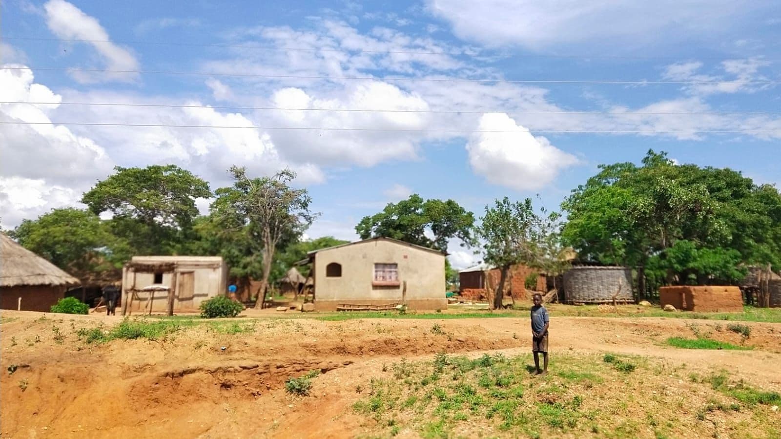 Rural village scene in Petauke with mud-brick and thatched structures and scattered trees under a partly cloudy sky.