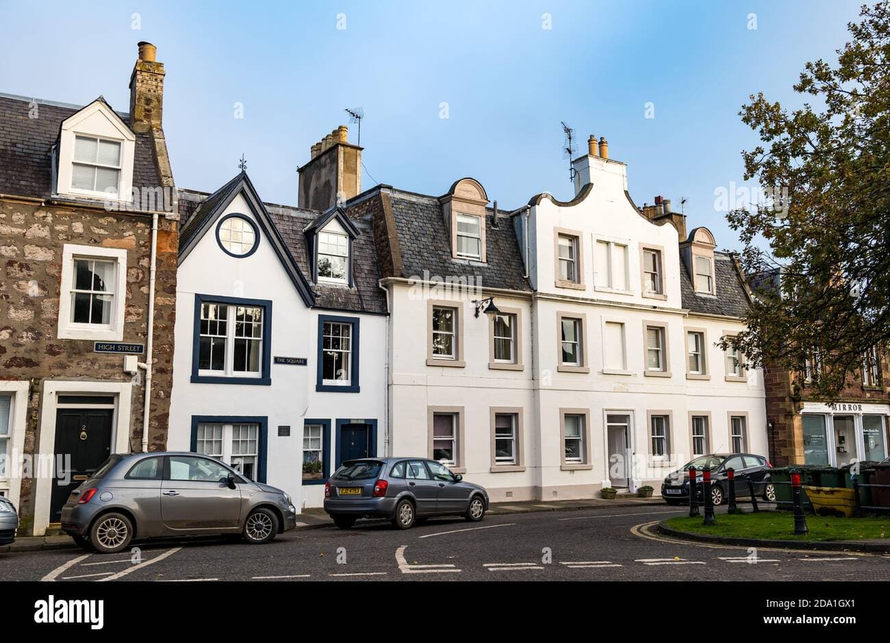 Historic stone architecture along the High Street in East Linton, Scotland