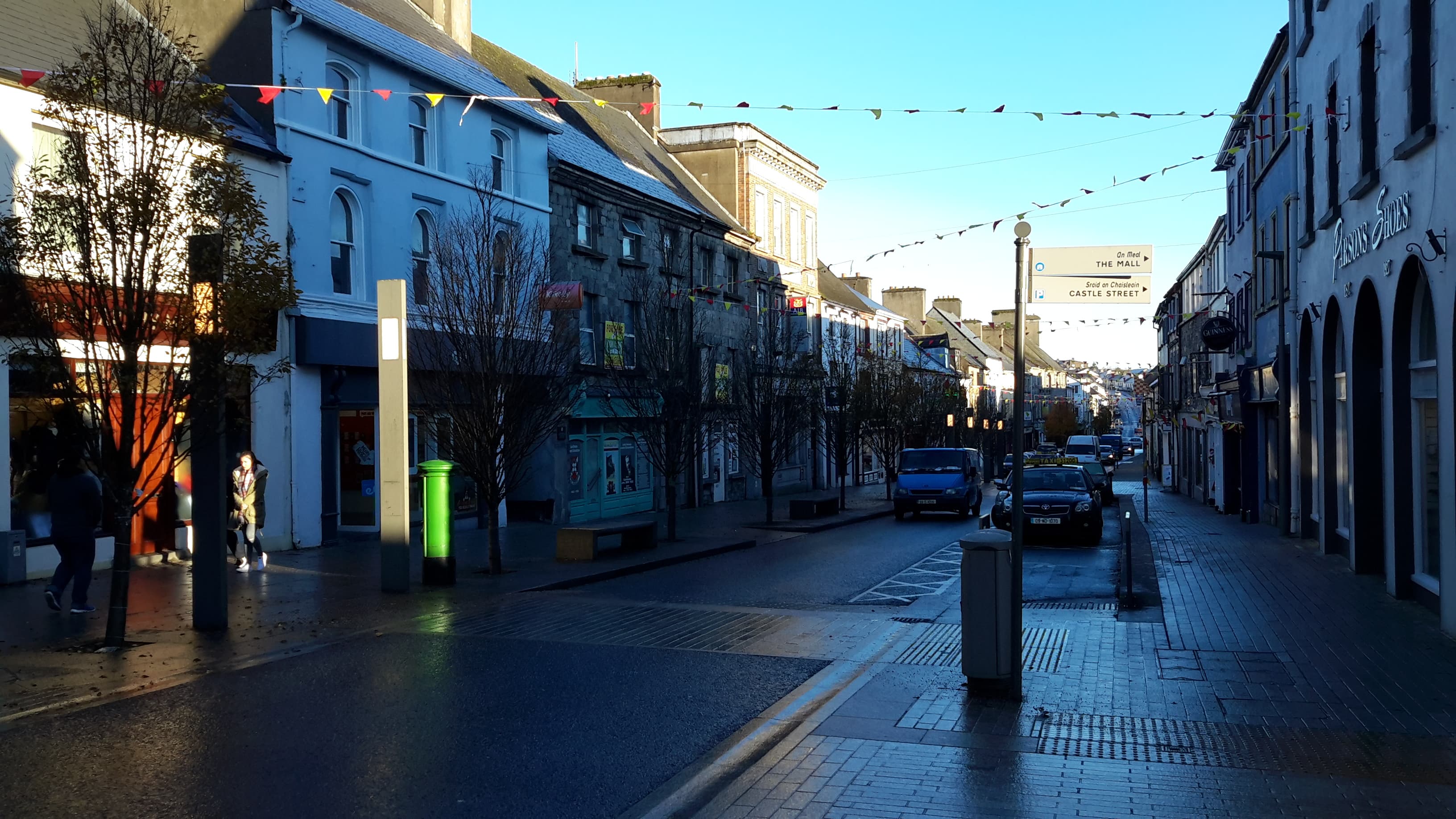 Market Street in Castlebar, County Mayo, showing traditional shop fronts and streetscape