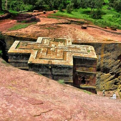 Wide view of market square architecture exterior in Hāgere Hiywet, Ethiopia