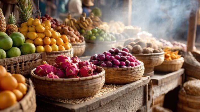 Open-air market display of woven baskets filled with dragon fruit, grapes, oranges, pineapples, and other produce on wooden stalls.