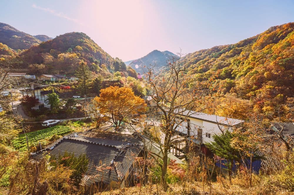 Autumn rural village nestled in colorful mountain valley, traditional tiled roofs, small houses, and vibrant foliage under bright sunlight.