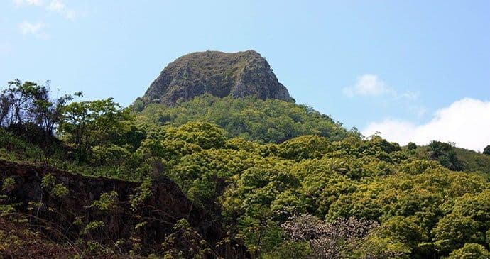 Wide landscape view of forested hills and a rocky peak under a blue sky in Equatorial Guinea, setting the scene near Mengomeyén.