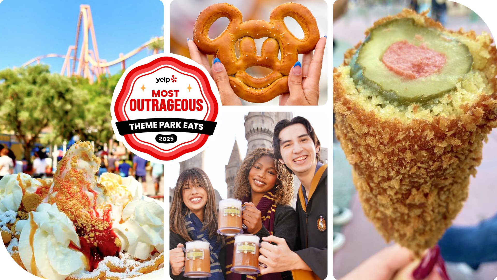 Theme park food including churros, Dole Whip, and healthy snacks