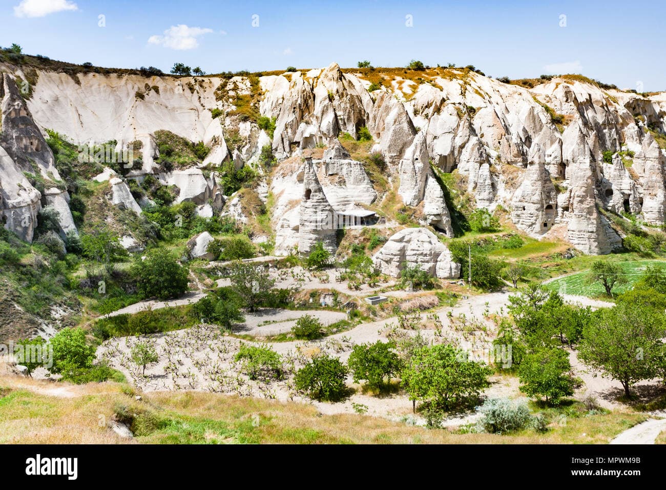 Hiking trail in the countryside near Merkez, Turkey, with ancient stone ruins and blooming wildflowers