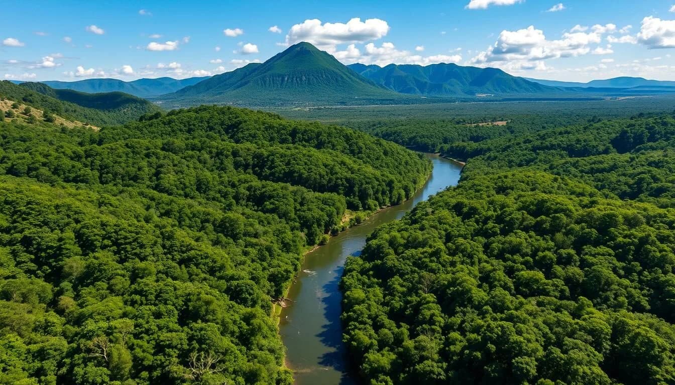Aerial landscape view of the Patuca River and rainforest in Honduras