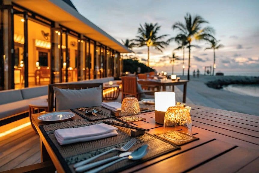 Dusk view of a beachside restaurant terrace with set tables and lanterns overlooking the ocean.