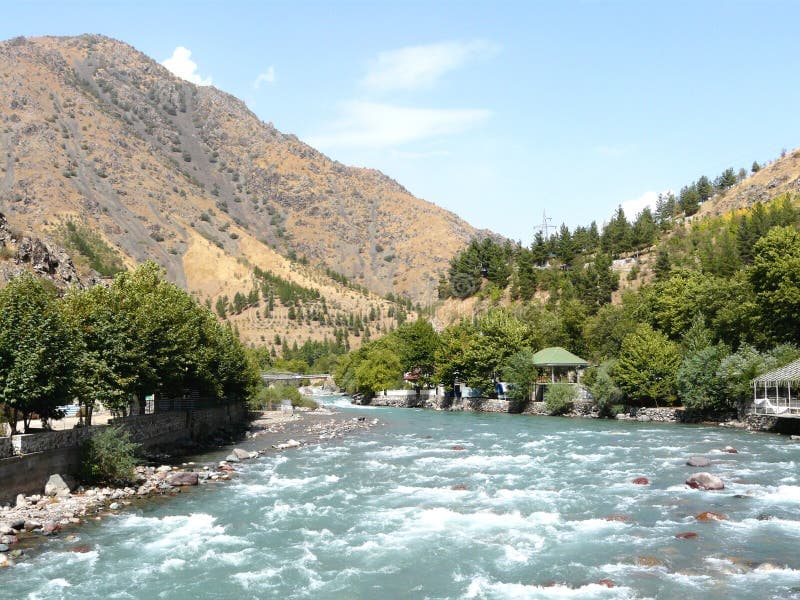 Scenic mountain trail and river landscape in Shahritus, Tajikistan, during spring with lush vegetation and clear skies