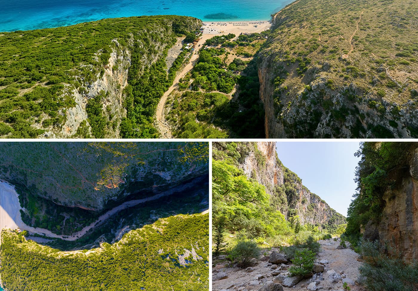 Steep rocky cliffs and narrow beach at Gjipe Canyon, Albania