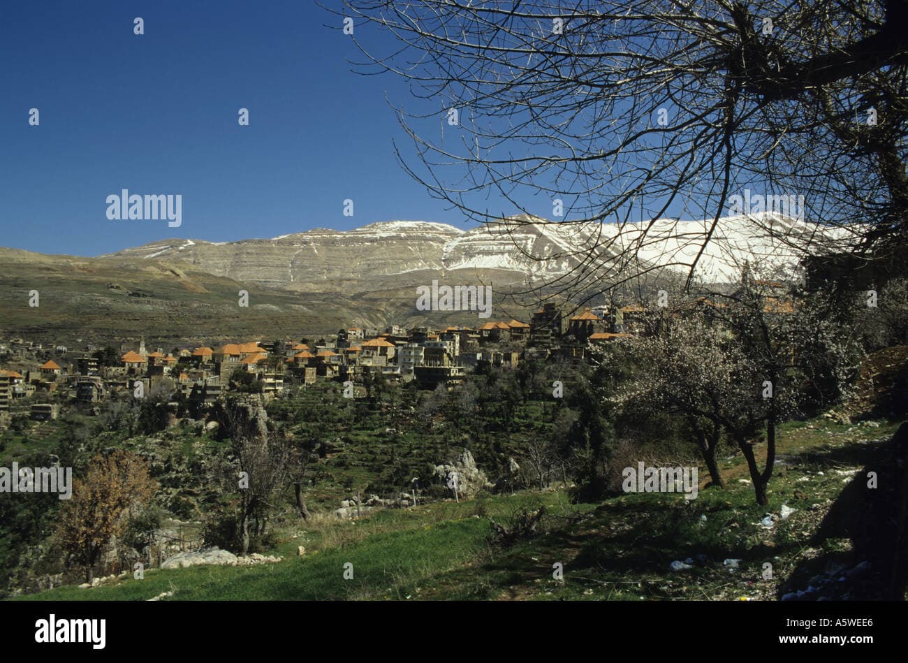 Spring landscape of Kfardebian village in Caza de Aakkar, Lebanon, with stone houses and mountain backdrop