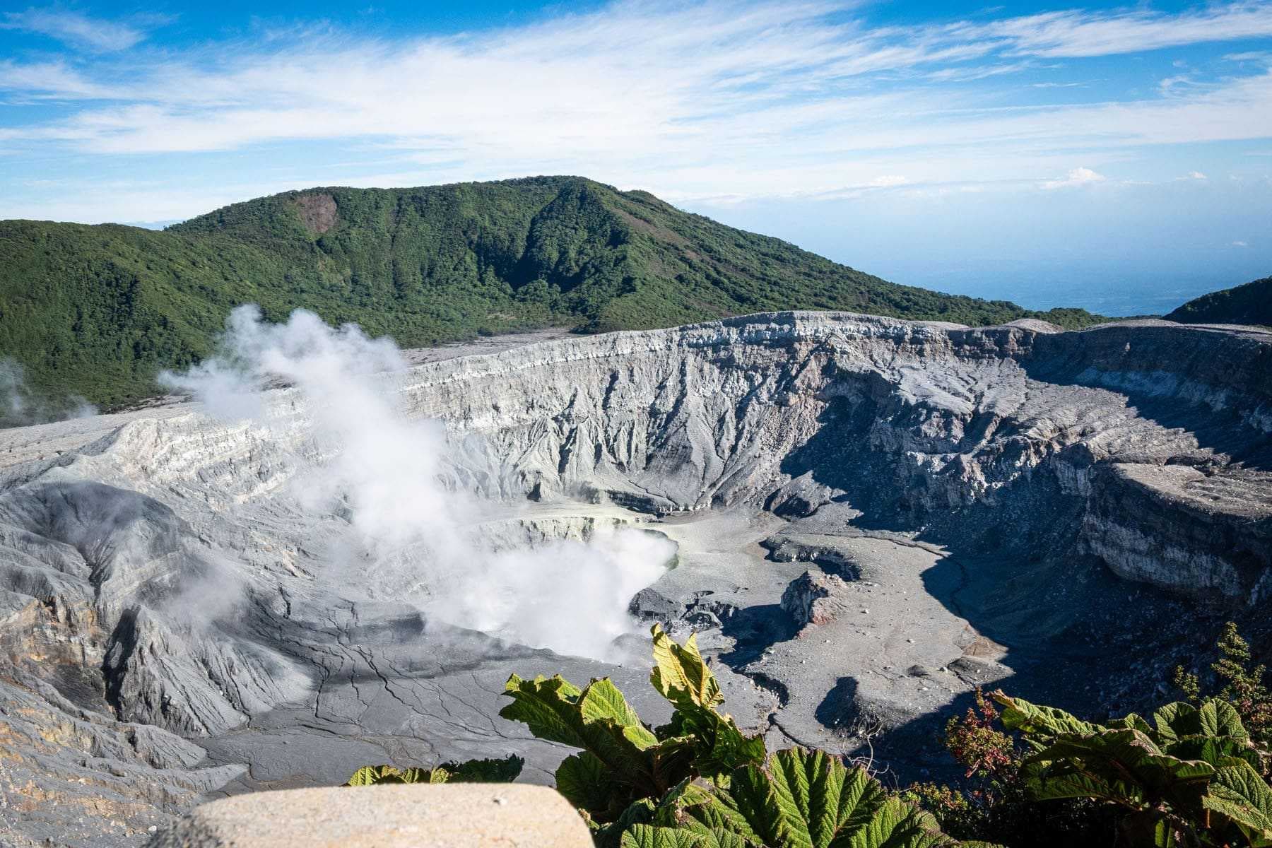 Volcanic crater with steaming fumaroles and rugged gray terrain, framed by green foliage under a blue sky.