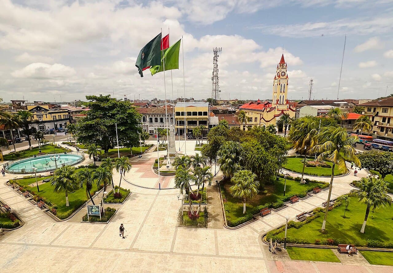 Central town square plaza in Venezuela with surrounding architecture