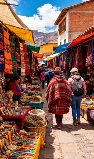 Outdoor market street with colorful textiles, baskets, and crafts; shoppers in traditional ponchos walk a cobblestone lane.