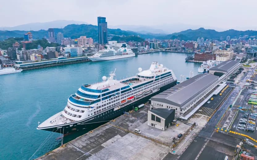 Exterior of the Keelung West Passenger Terminal building with harbor view, Taiwan
