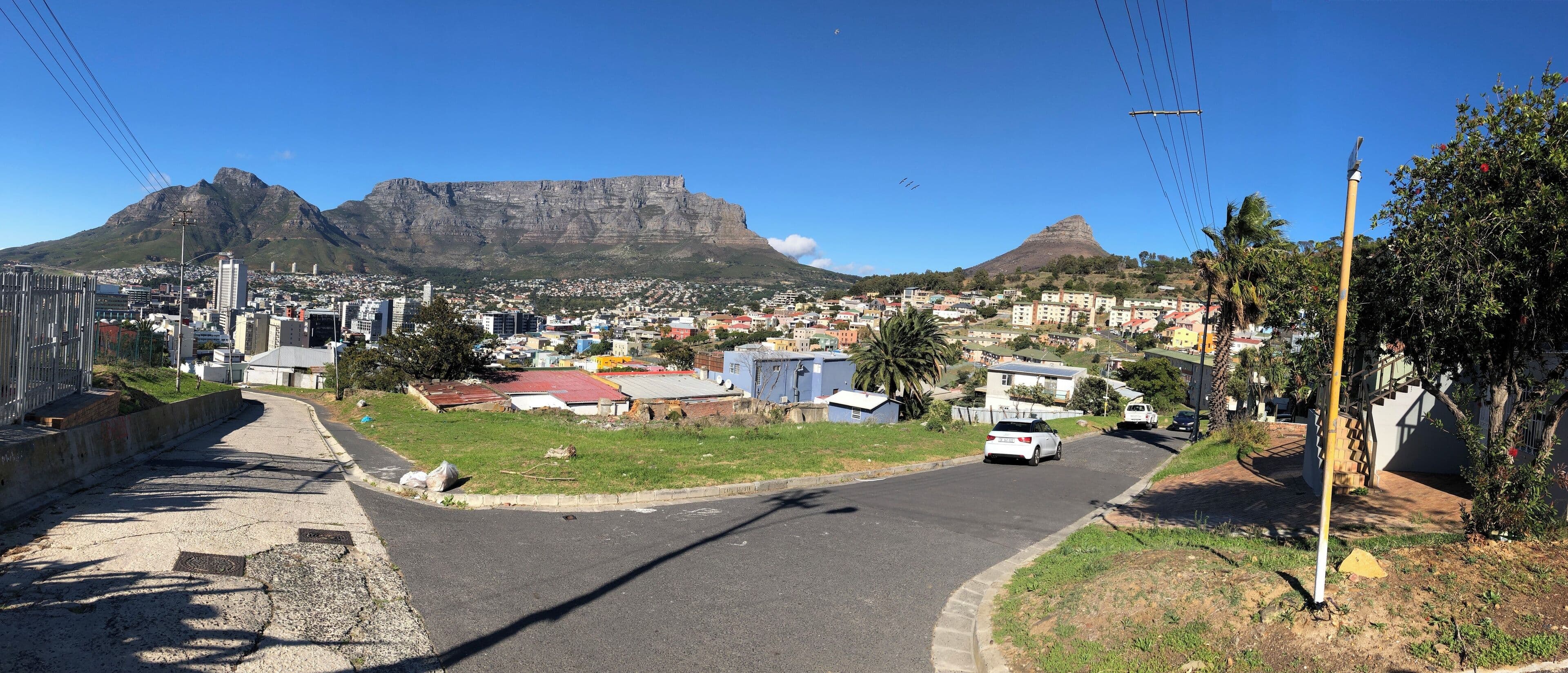 Panoramic view of Table Mountain and Lion's Head from a residential street in Newlands, Cape Town