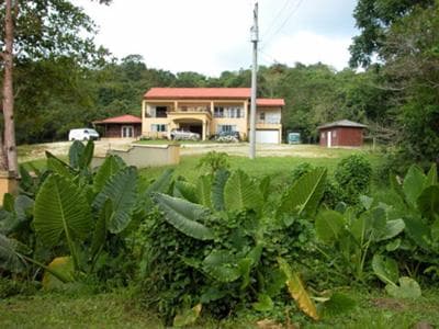 A two-story yellow house with a red roof sits on a grassy hill in a rural Jamaican landscape, framed by lush tropical foliage and trees.