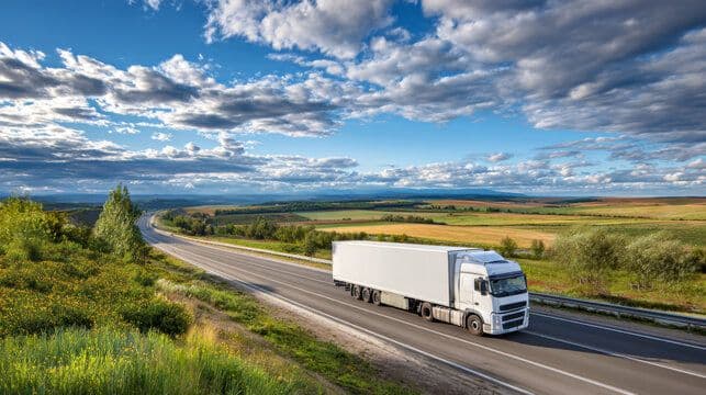 A white semi-truck travels along a paved highway winding through rolling green and yellow fields under a dramatic blue sky with scattered clouds.