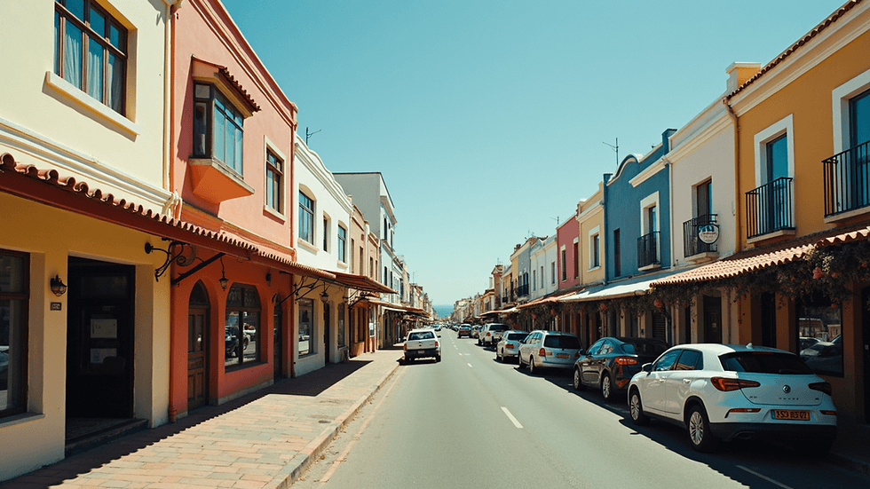 A sunlit, narrow street lined with colorful colonial-style buildings and parked cars, capturing the vibrant architecture of a Caribbean town.