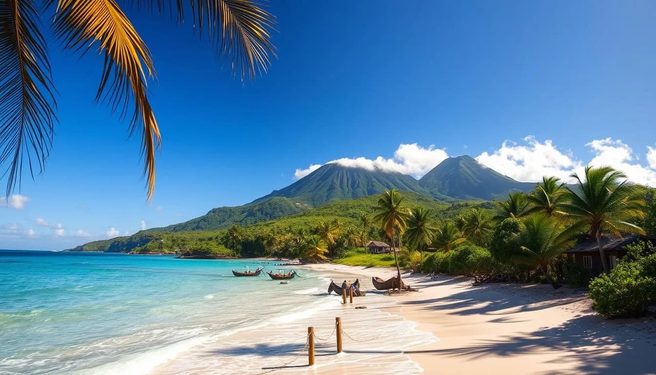 Sunny tropical beach scene on Mohéli featuring turquoise waters, white sand, palm trees, and lush green mountains in the background.