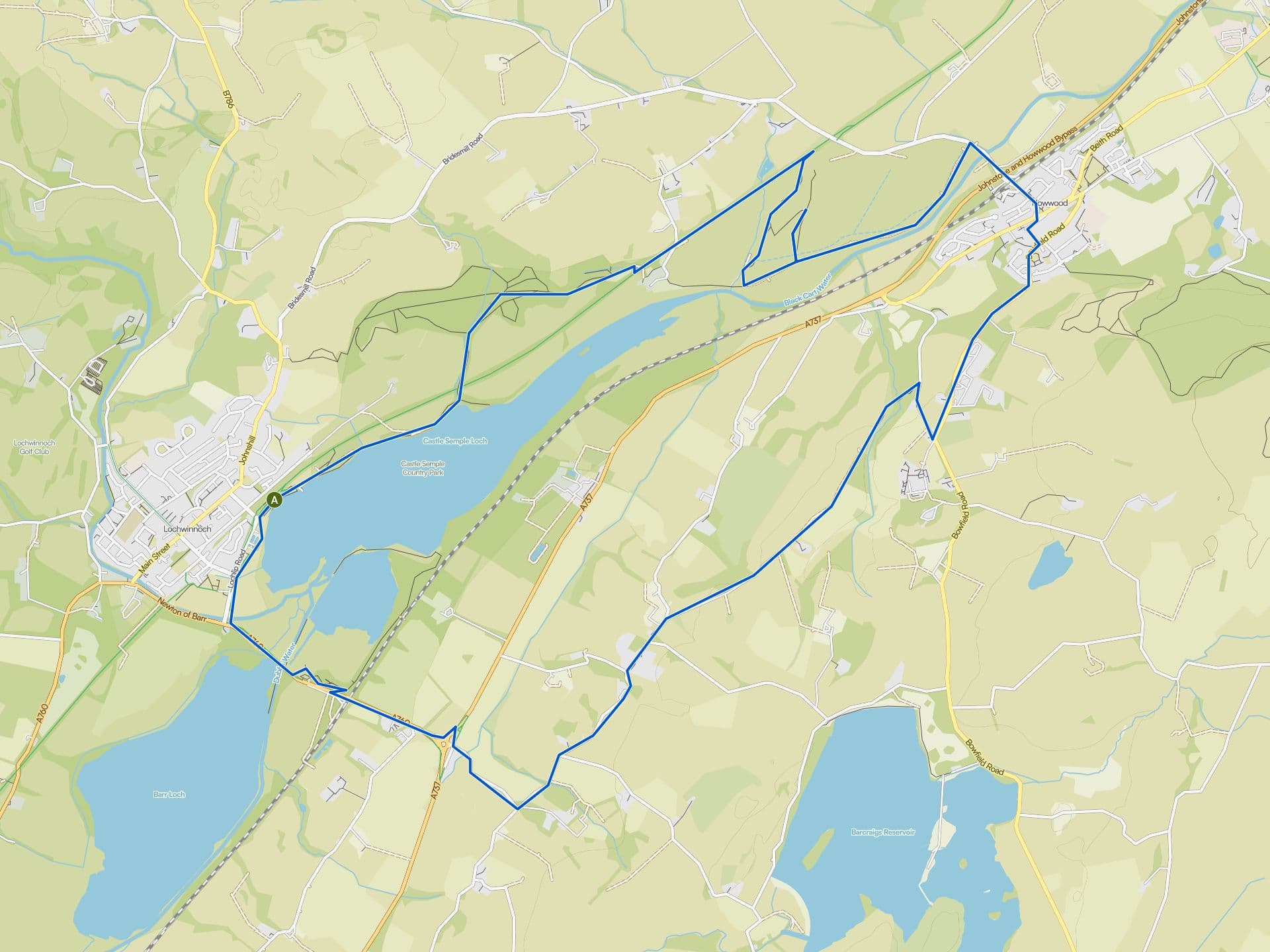 Topographic map showing walking routes around Howwood, North Lanarkshire