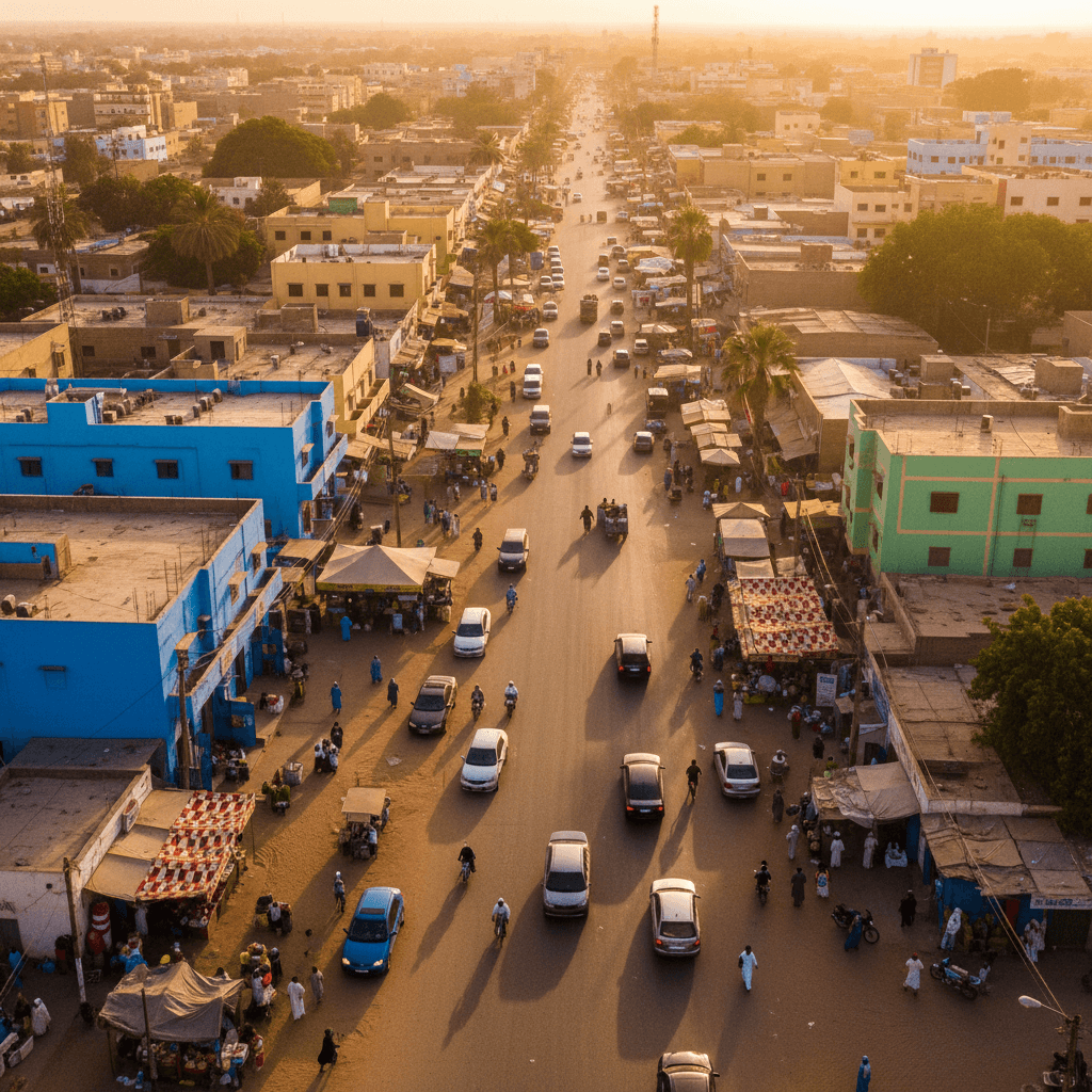 Aerial view of a busy street in a Mauritanian town with colorful buildings, market stalls, and traffic bathed in golden sunlight.