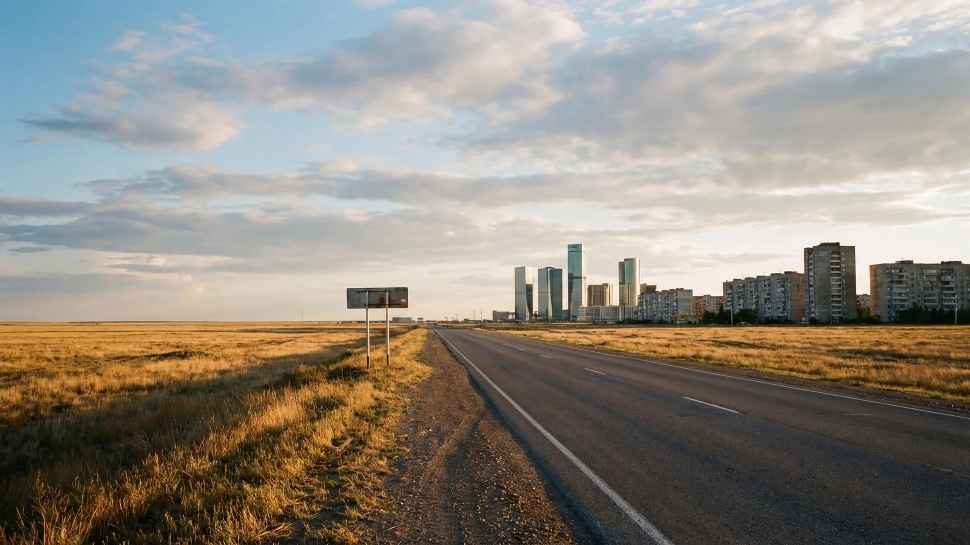 Empty highway through golden steppe with distant modern city skyline under a cloudy sky.