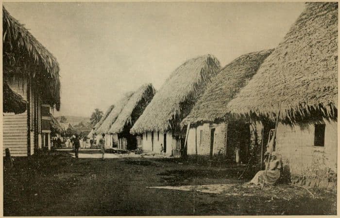 Historic black-and-white photograph of a rural village street with thatched-roof houses and a few distant figures.