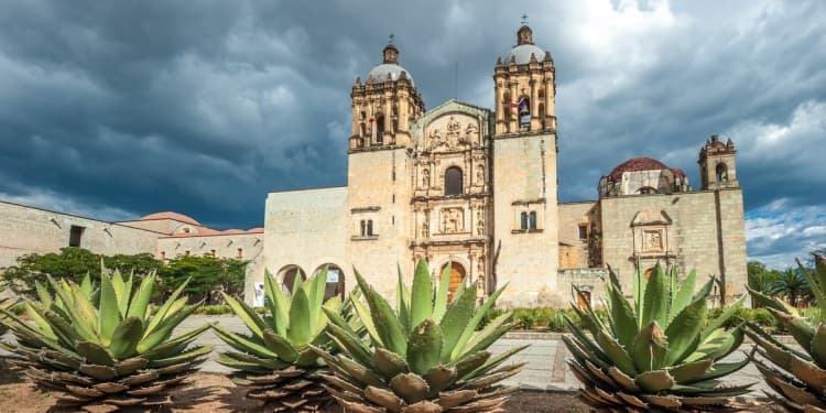 Front exterior of a historic colonial church in a small town in Oaxaca, Mexico